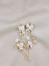 
                        
                          Load image into Gallery viewer, HARPER Floral Pearl Droplet Earrings &amp; Hairpin set
                        
                      